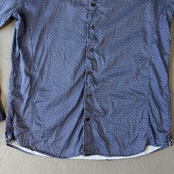 Au Noir Mens Button Up Shirt Size 4 Blue Polka Dot Flip Cuff Going Out Faded - Picture 3 of 16